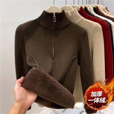 安卡拉红秋冬新款洋气高领打底针织衫保暖上衣加厚加绒拉链毛衣
