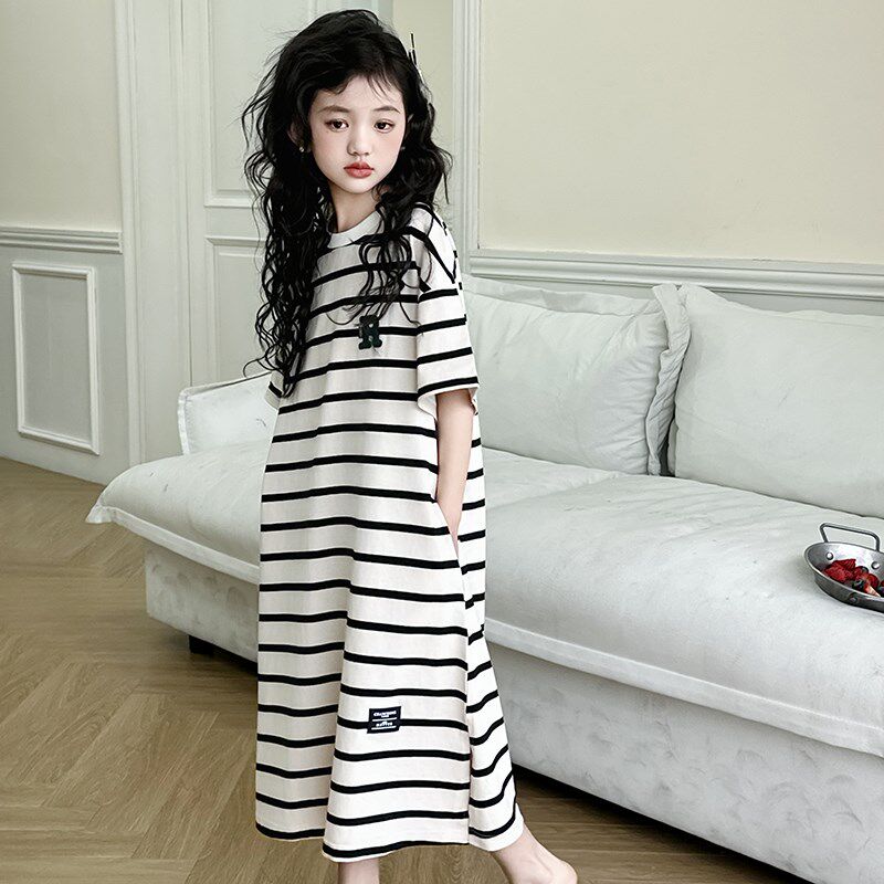 女童睡裙夏季2025新款纯棉短袖儿童薄款睡衣女款中大童宽松家居服