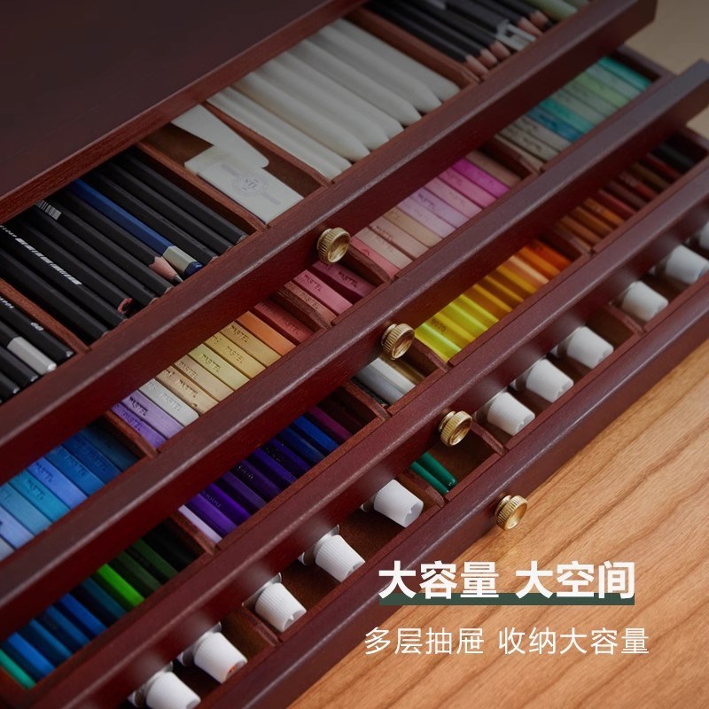 丰丰复古胡桃色美术生抽屉画箱画盒画具收纳架画架彩铅收纳抽屉马