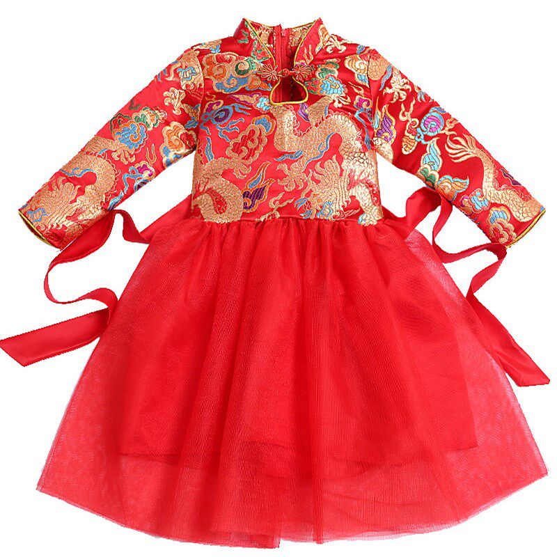 女童旗袍古筝演出服中国风儿童表演中式礼服红色新年唐装长袖秋冬