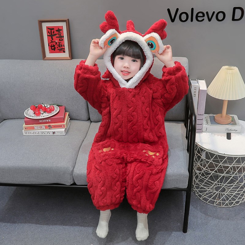女童年服睡衣秋冬连体珊瑚绒儿童卡通加厚家居服爬服宝宝防踢睡袋