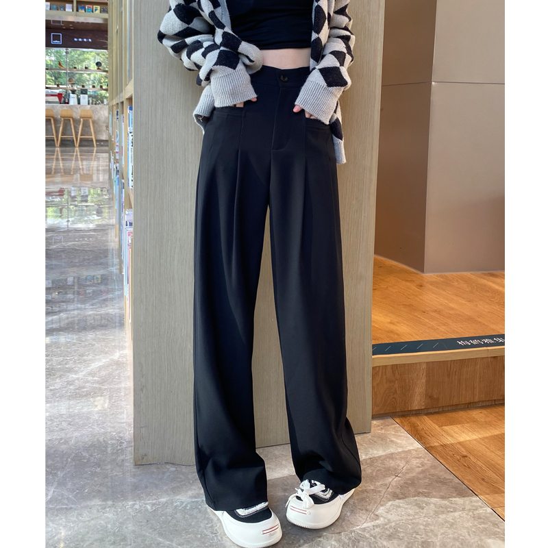 高腰阔腿裤女春秋冬垂坠感西装直筒休闲裤子女早秋拖地黑色长裤子