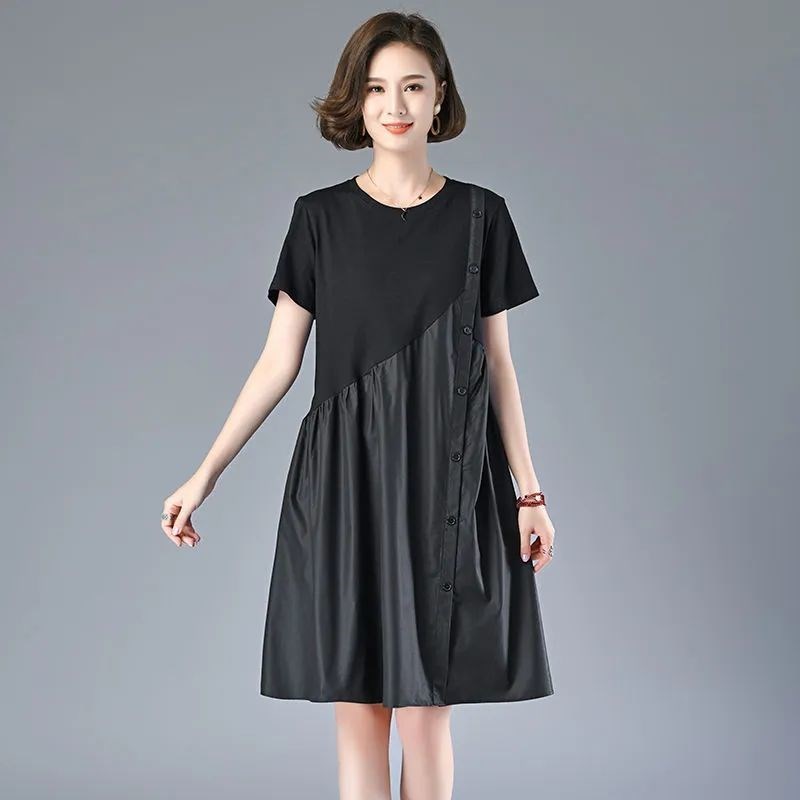 纯棉短袖连衣裙女2024夏装新款妈妈裙休闲宽松中年大码女装裙子夏