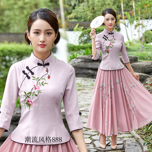 上衣长裙套装 秋季 民国风两件套中国风茶艺服 绣花唐装 女士旗袍夏款