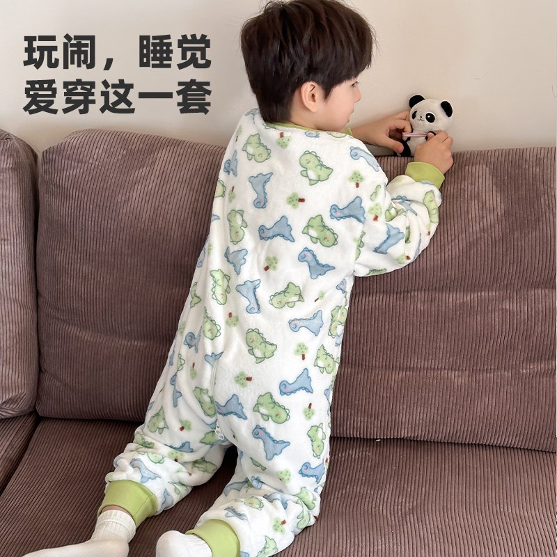 儿童连体睡衣2024新款秋冬加厚款法兰绒男童女童小宝宝家居服睡袋