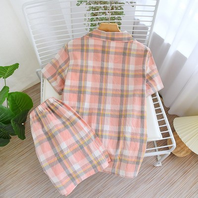 夏季新款女士睡衣水洗纯棉短袖短裤套装时尚格子宽松可外穿家居服