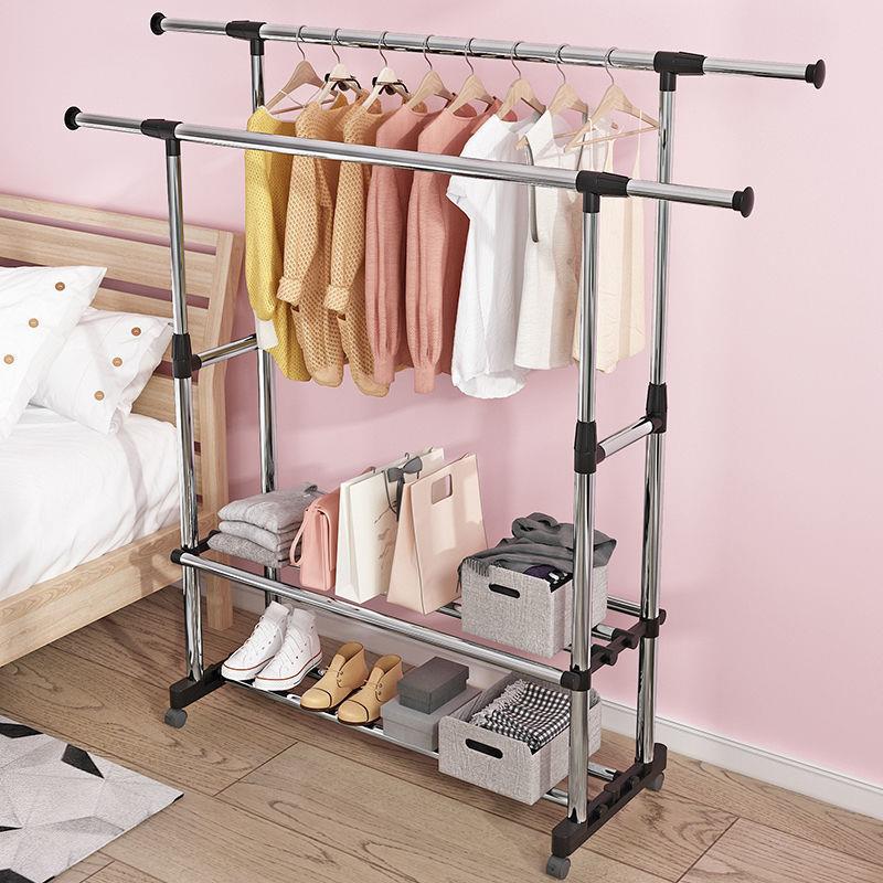 不锈钢可伸缩晾衣架落地立式卧室家用晒衣服阳台晾衣杆简易挂衣架