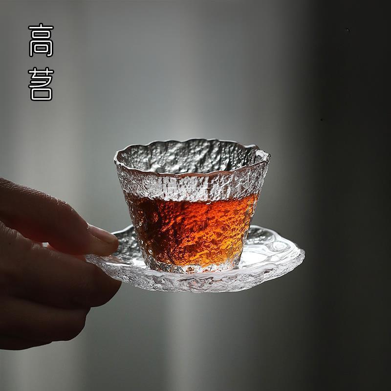 日式玻璃小茶杯功夫茶品茗杯茶道杯垫套装家用初雪锤目纹冰冻杯子图片