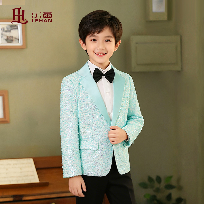 男童亮片薄荷蓝西装礼服歌唱演讲比赛西装男孩主持演出薄荷蓝礼服