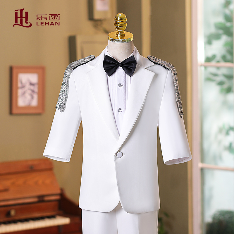 乐菡白色礼服男童套装短袖西服男