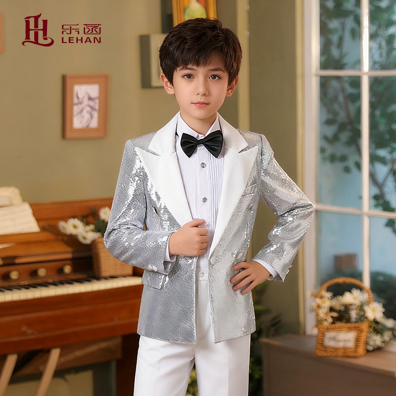 儿童西装银色礼服套装男孩亮片西服男童歌唱演出服晚会歌唱舞台服
