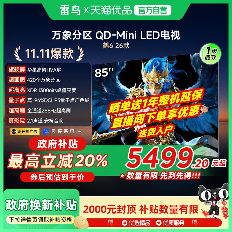 雷鸟鹤6 26款 85英寸MiniLED分区4K 288Hz超高刷平板电视机85R69A