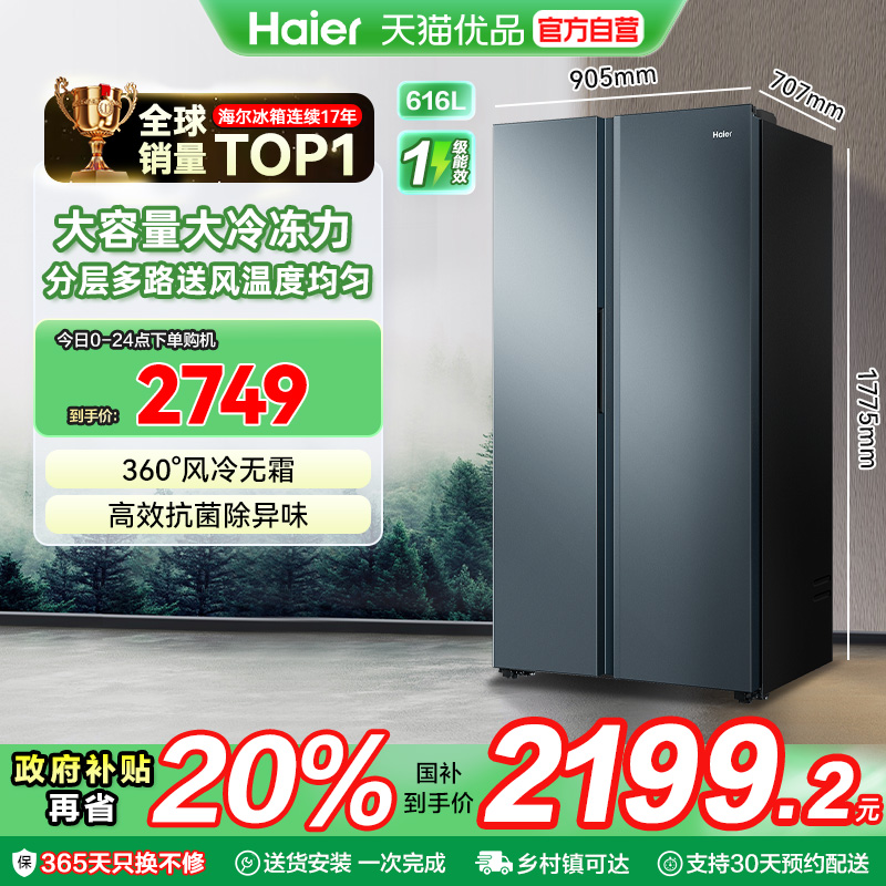 海尔电冰箱以旧换新补贴双开门大容量616L无霜一级能效家用嵌入式