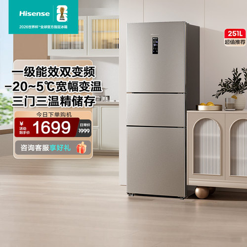 海信251L一级能效风冷无霜变频节能冰箱BCD-251WYK1DPJ