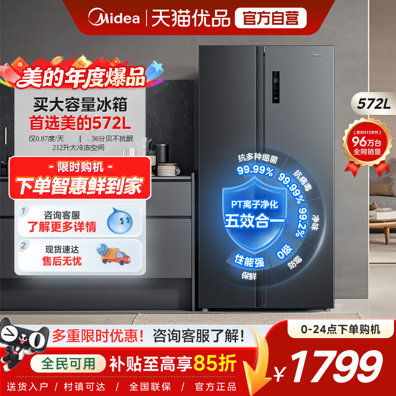美的572升对开一级双变频大容量节能风冷无霜超薄家用冰箱