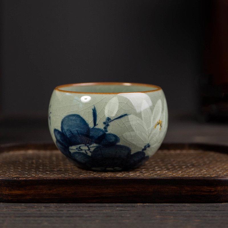 景德镇老陶泥主人杯 手绘白荷花茶杯 柴窑青花瓷釉下彩单杯品茗杯