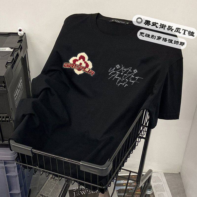 夏季潮牌复古字母印花纯棉t恤男女ins设计感美式街头宽松短袖上衣