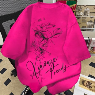 玫红色美式复古纯棉男女印花T恤夏季潮牌情侣显白宽松圆领短袖衫