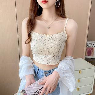 甜辣bm上衣碎花蕾丝花边小吊带背心女夏外穿带胸垫美背一体打底衫