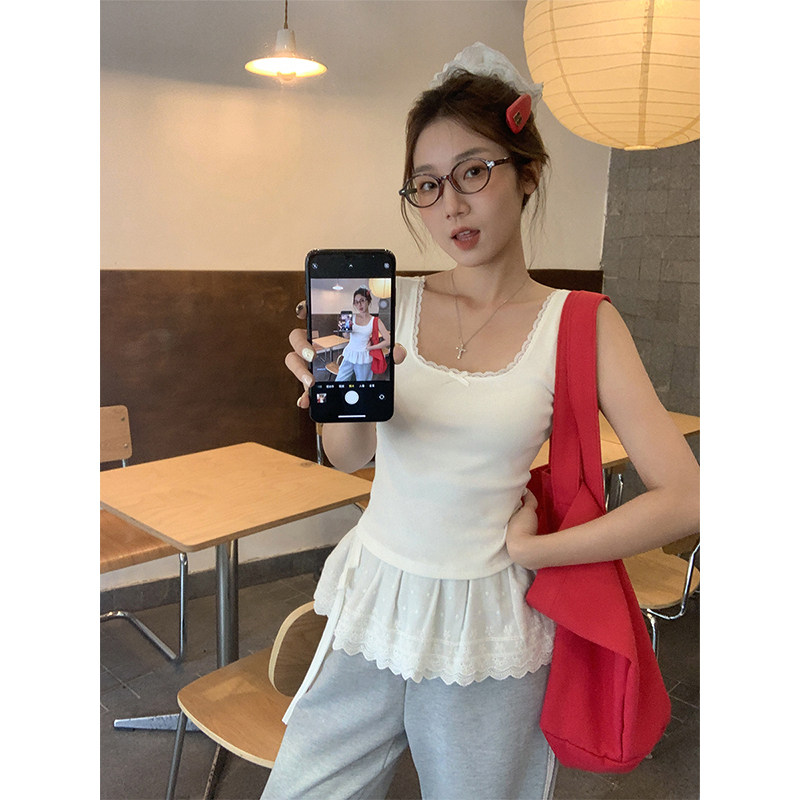蕾丝拼接无袖背心吊带女夏季2026新款花边修身蝴蝶结纯欲外穿上衣