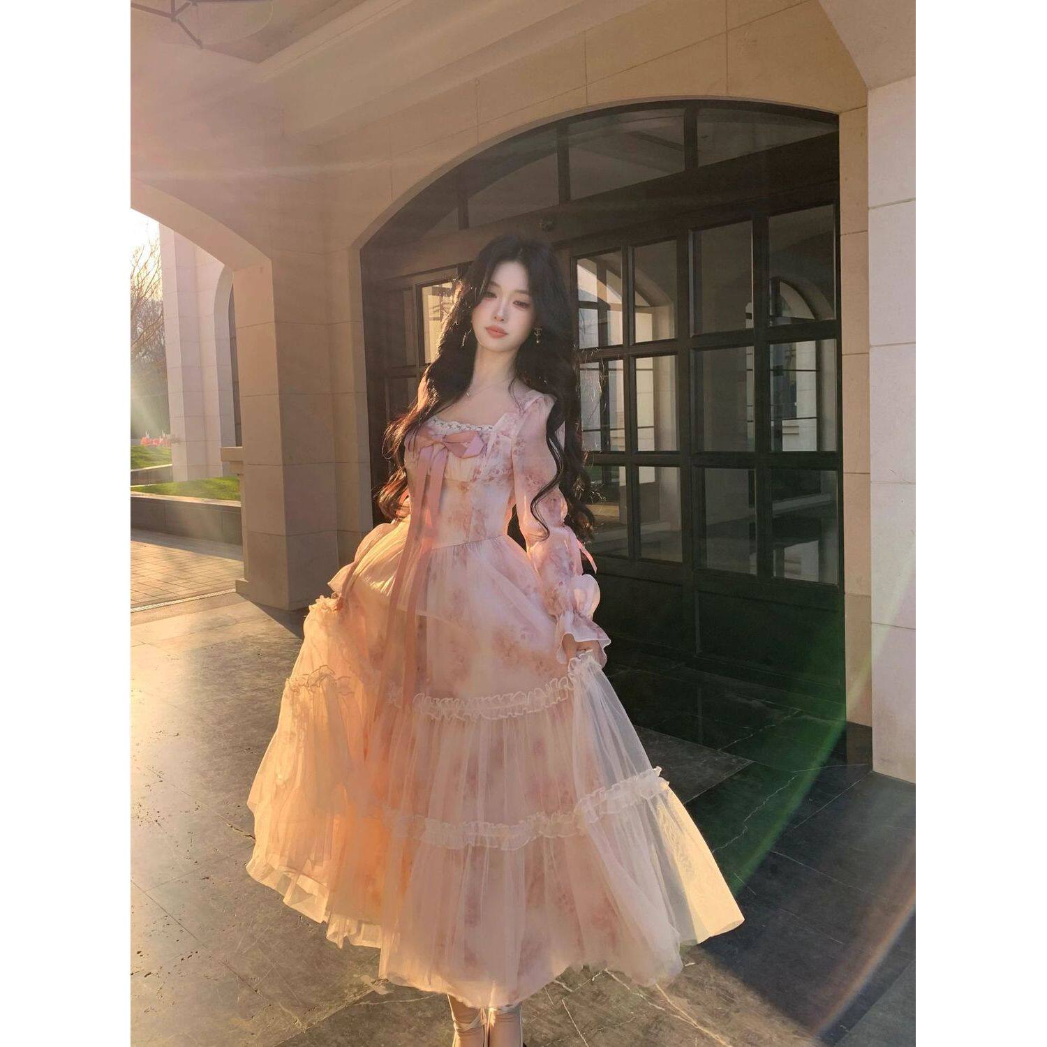 早春温柔印花网纱方领甜美连衣裙大码微胖mm气质蓬蓬大摆仙女裙子