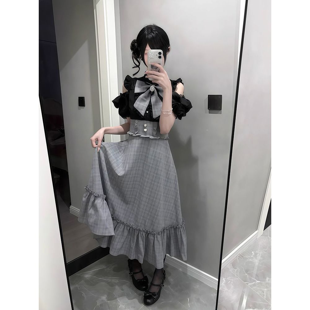 日系lizlisa亚文化蕾服甜美套装女夏短袖收腰显瘦气质两件套裙子