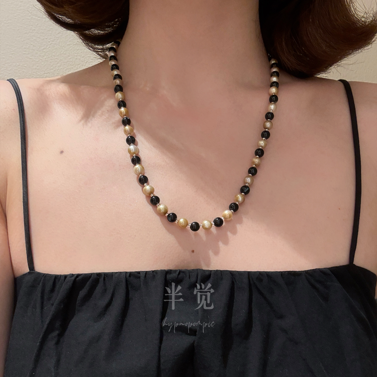 半觉禅意落叶色怪色珍珠黑蝶贝双色间隔中性复古高级感纯银项链
