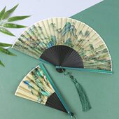 231千里江山新中式 扇子马面裙真丝竹扇舞蹈扇 国风烫金折扇7寸女式