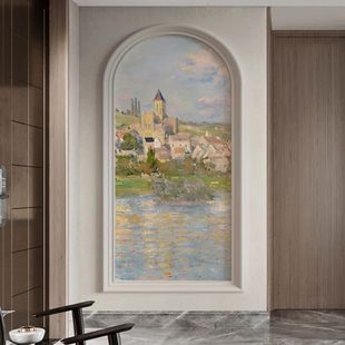 壁纸3d莫奈法式 饰画轻奢现代拱形风景壁画走廊 过道竖版 入户玄关装