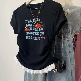 设计感印花miu系蕾丝下摆短袖 褶皱收腰正肩显瘦上衣ins T恤女夏季