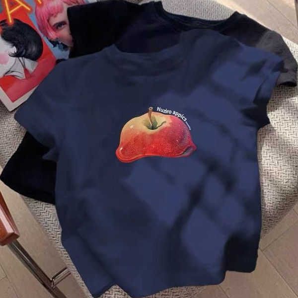 藏蓝色短袖t恤女夏季2025年新款趣味印花可爱设计感小众正肩上衣