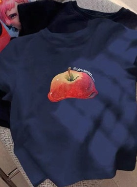 藏蓝色短袖t恤女夏季2025年新款趣味印花可爱设计感小众正肩上衣