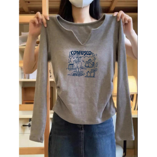 爆款 新款 欧货小衫 v领打底衫 t恤早秋爆款 2024秋装 内搭长袖 上衣 女装