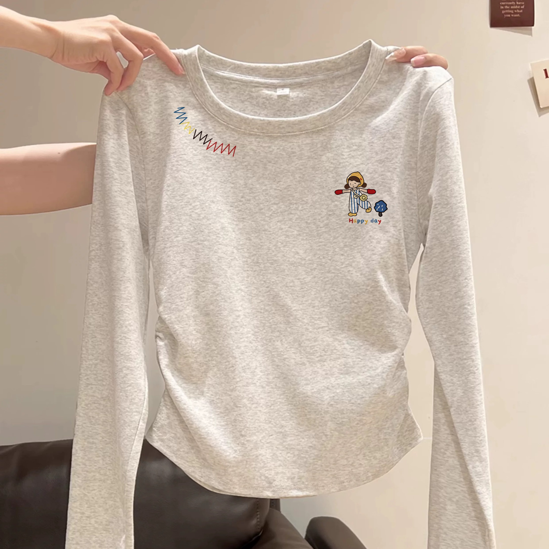2025早秋新款长袖T恤女纯棉收腰卡通印花圆领显瘦减龄上衣打底衫