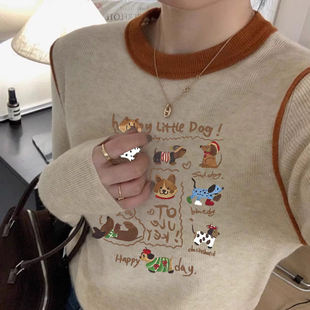 韩系新款撞色圆领针织衫女长袖内搭保暖秋冬季修身显瘦单穿上衣女