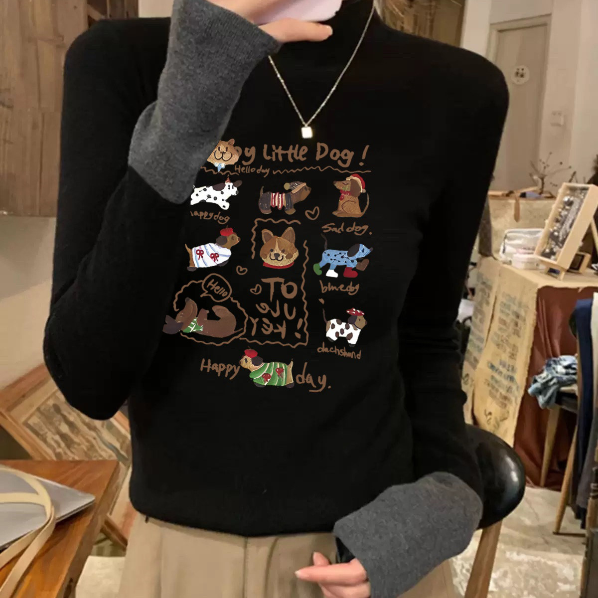 高智感卡通小狗印花毛针织衫女黑色半高领长袖减龄打底衫上衣毛衣,女装/女士精品,毛针织衫,淘宝优惠券,粉丝福利购,淘宝优惠卷