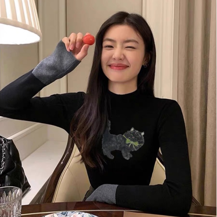 撞色半高领猫咪印花针织衫女2025秋冬季修身显瘦高级感打底衫上衣