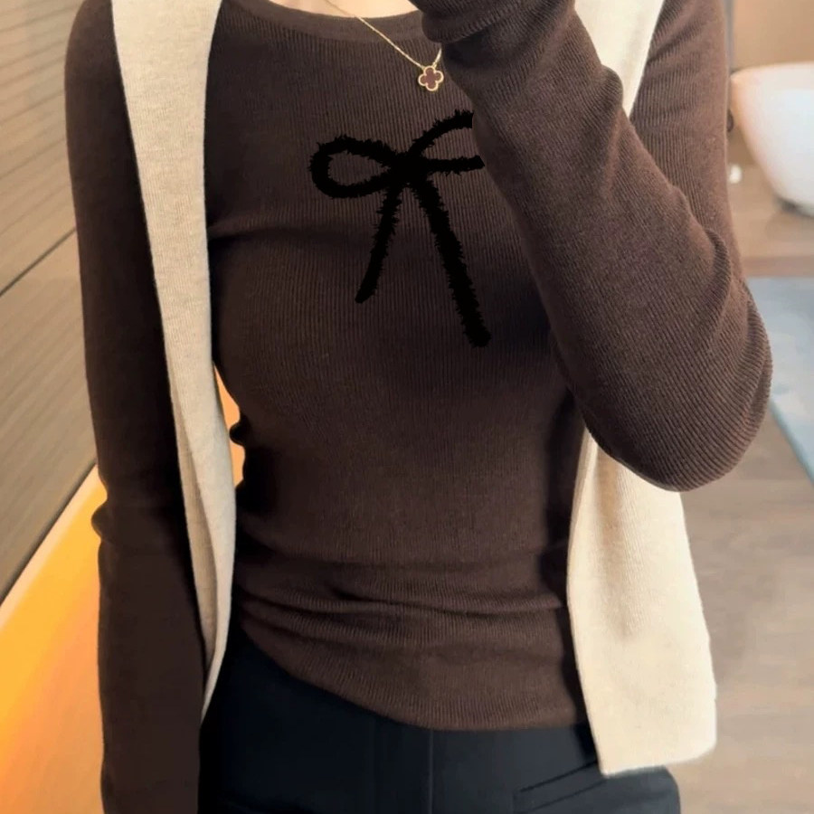 早秋蝴蝶结印花圆领长袖针织衫女2025年秋季新款修身显瘦内搭上衣