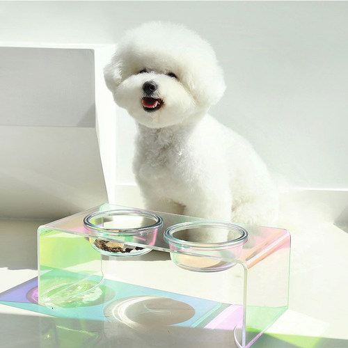 极速meoof猫k碗轻奢双碗亚克力宠物碗炫彩玻璃狗碗高脚保护颈椎狗