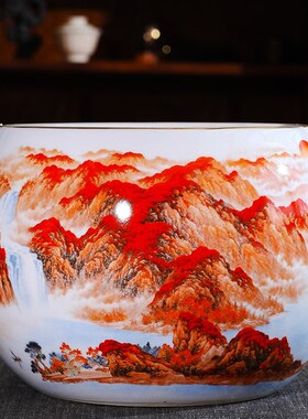 极速景德镇陶瓷器鸿运当头u聚宝盆摆件中式家居饰品客厅玄关养鱼