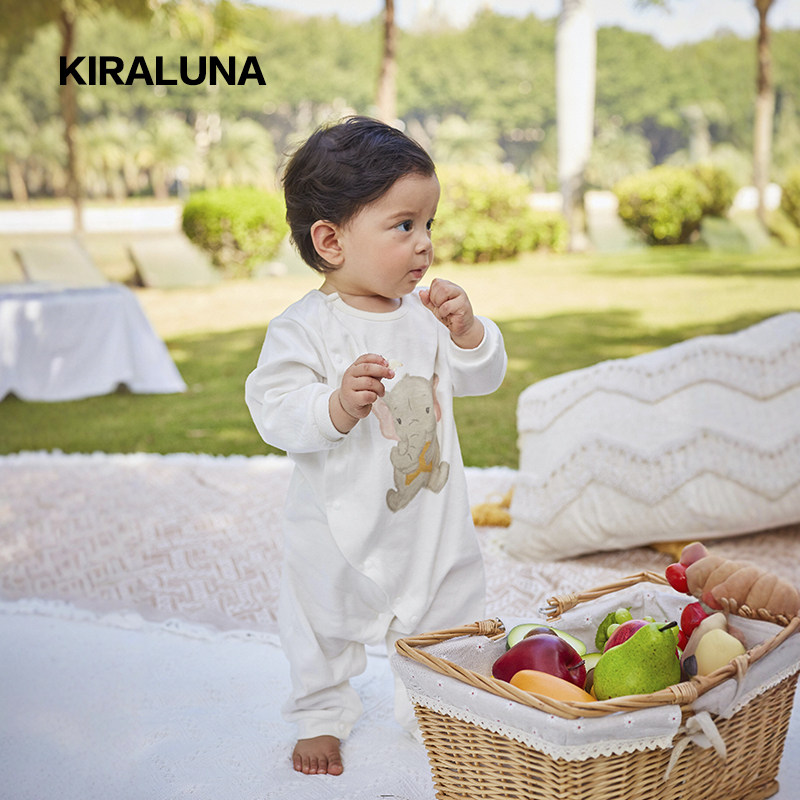 KIRALUNA 婴幼儿纯棉大象抱星星印花侧开襟长袖长裤连体衣