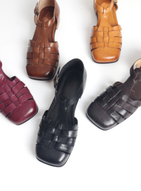 法式复古罗马凉鞋女夏2024新款黑色包头镂空编织玛丽珍鞋3523-1