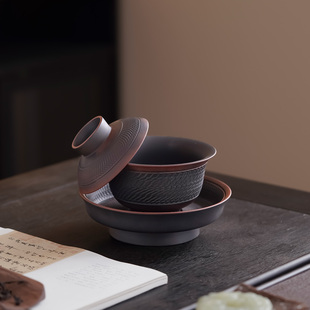 紫砂三才大号盖碗客厅泡茶碗复古手工跳刀家用敬茶碗简约功夫茶具