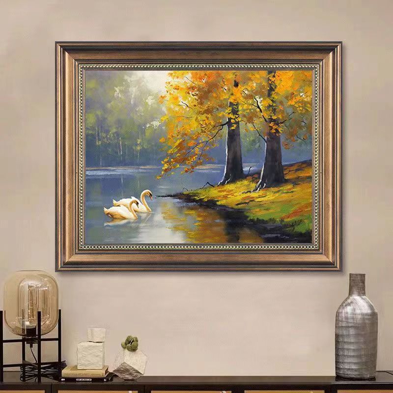 美式天鹅湖风景油画客厅背景墙壁画玄关走廊欧式餐厅装饰画图片