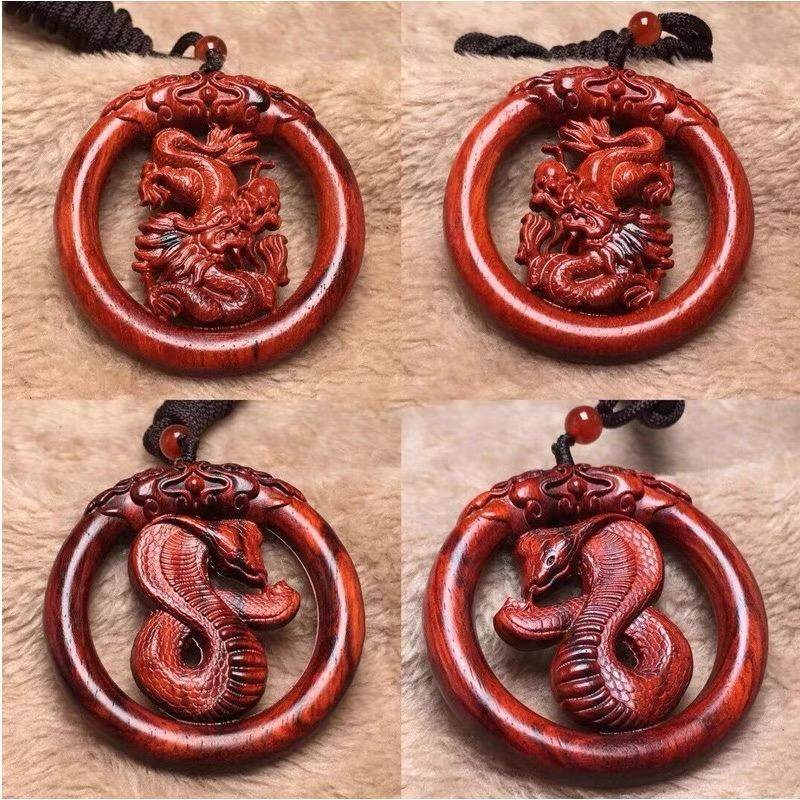 小叶紫檀木雕刻生肖属相虎兔龙吊坠挂件双面镂空本命年挂饰毛衣链