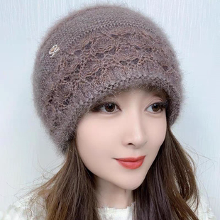 双层针织帽子女冬季保暖护耳堆堆帽妈妈时尚洋气松鼠绒毛线包头帽