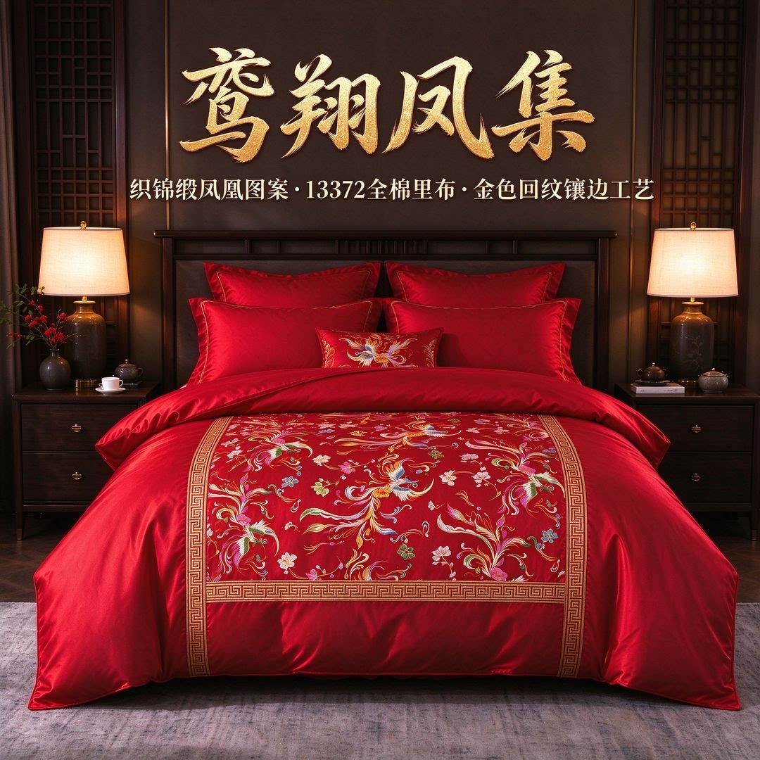 奢华大红凤凰织锦缎被套单件婚庆丝绸被罩中式全棉里布陪嫁婚床品