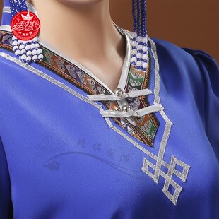 连衣裙日常v领装 新款 蒙古服装 女士蒙古袍短袖 工作服女演出服 夏季