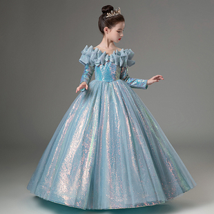 儿童礼服公主裙生日秋冬闪亮钢琴演出服走秀女童小主持人服装长袖