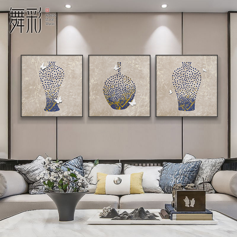 新中式客厅装饰画蓝色青花瓷挂画茶室方形背景墙画高级感组合壁画图片